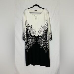 Haani Dress Black White Knee Sheath Artsy Print Office Vintage Inspired‎  SZ XL